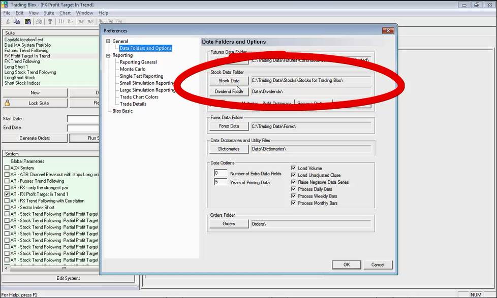Selecting Stock Market Data Source in Trading Blox
